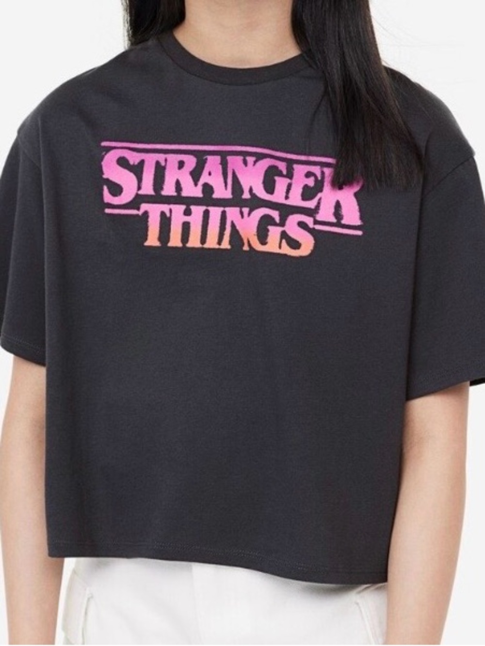 H&M x Stranger Things Kids Black & Pink Oversized Graphic Logo Tee - Size 12-14